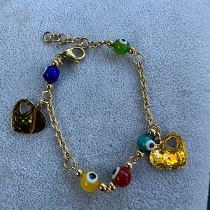 Gold Heart Charm Bracelet with Multicolor Beads 21cm Long